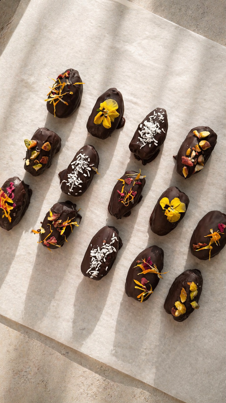 Medjoul dadels gedoopt in pure chocolade, gegarneerd met eetbare bloemen, pistache en kokos
